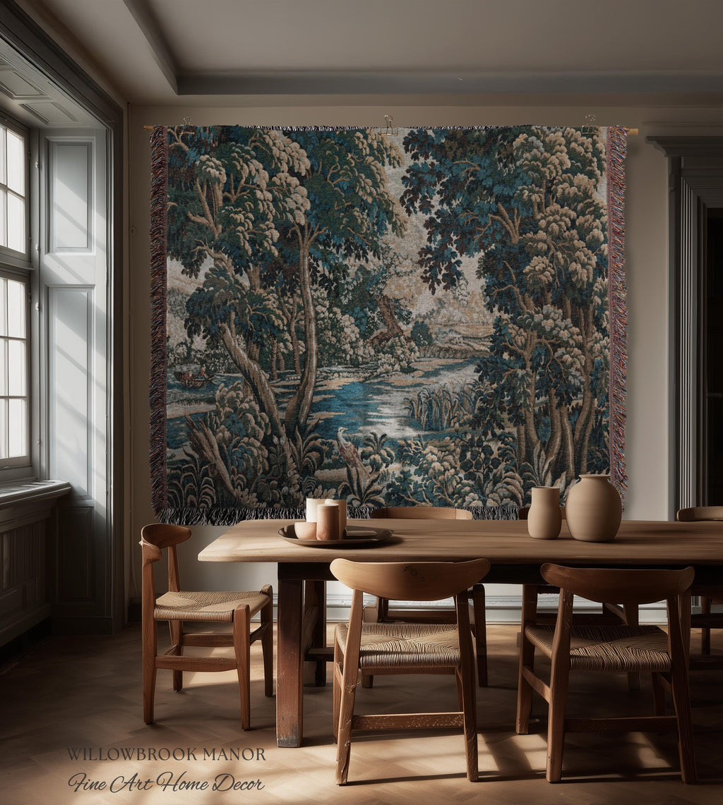 Baroque Pastoral Forest Riverbank Scene Flemish Tapestry Woven Verdure | European Village Antique Textile Heritage Art Countryside Blanket