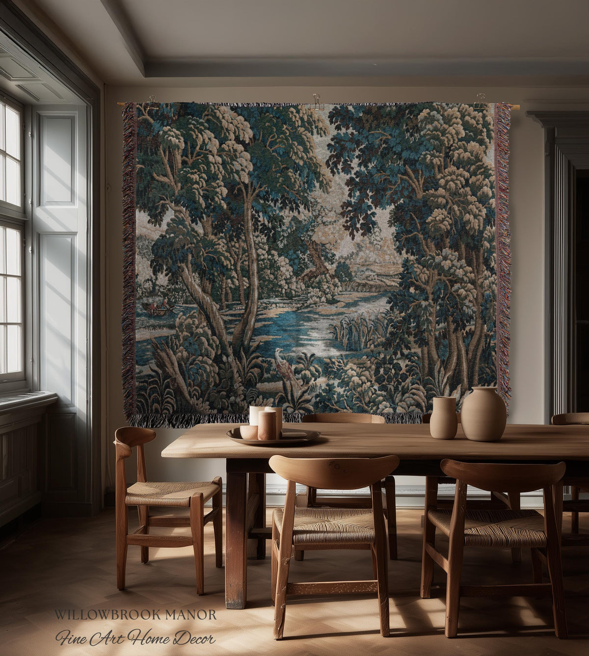 Baroque Pastoral Forest Riverbank Scene Flemish Tapestry Woven Verdure | European Village Antique Textile Heritage Art Countryside Blanket