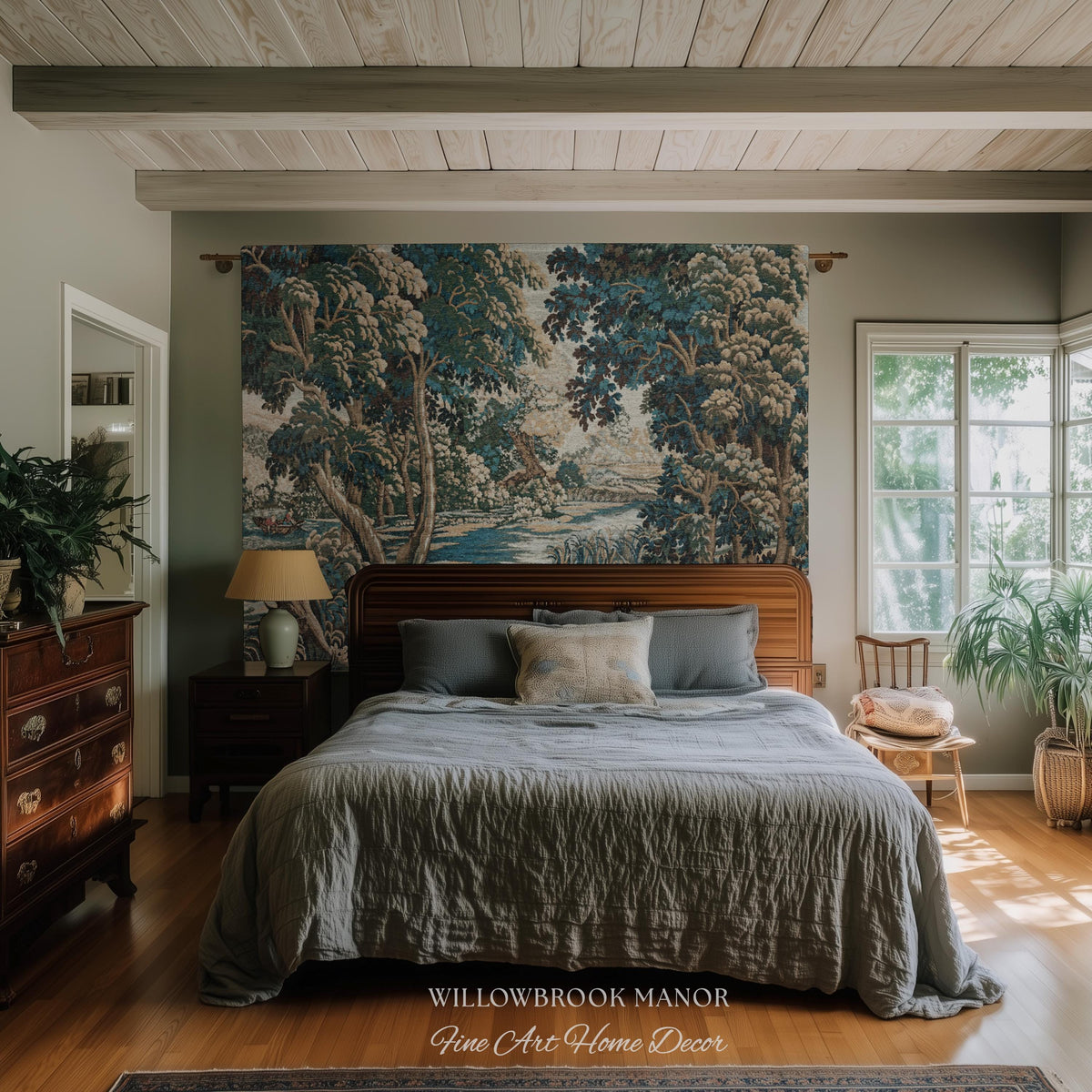 Baroque Pastoral Forest Riverbank Scene Flemish Tapestry Woven Verdure | European Village Antique Textile Heritage Art Countryside Blanket