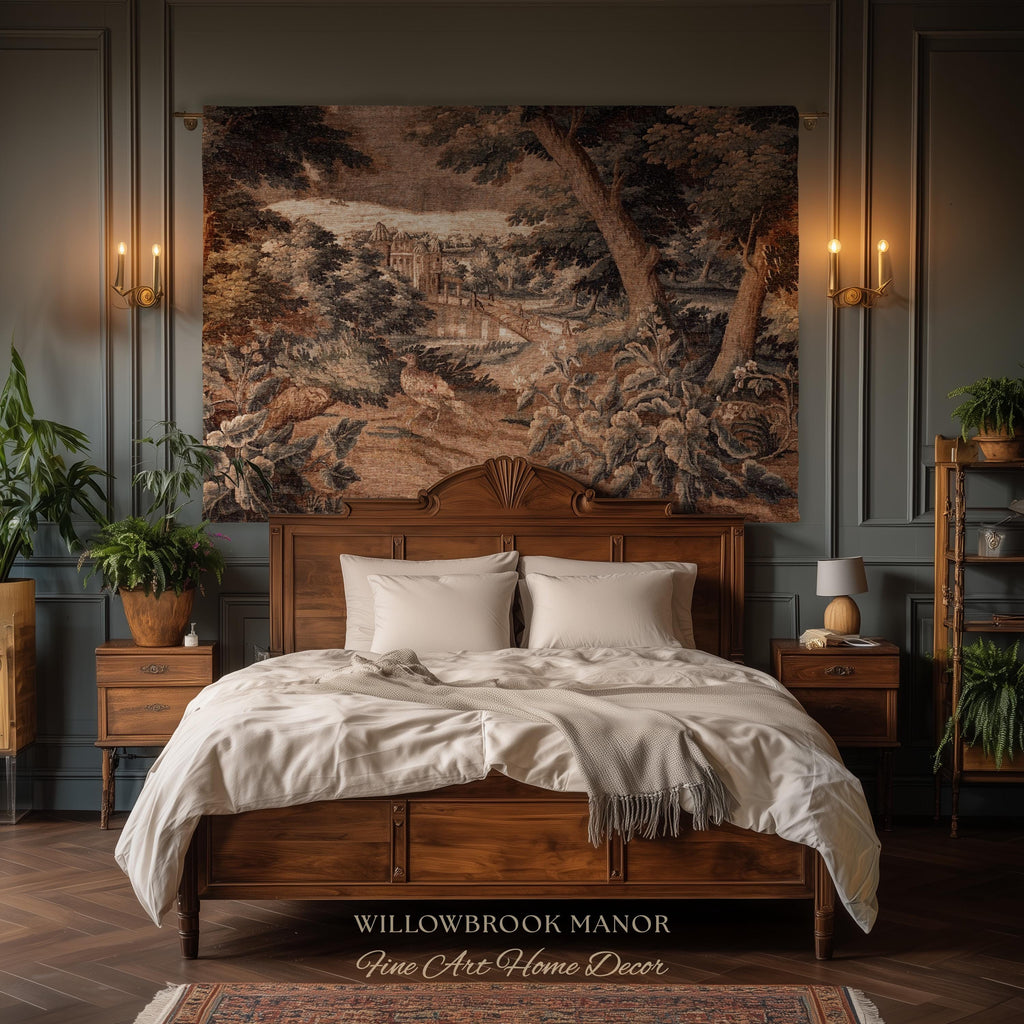 Burnt Umber Castle Landscape Tapestry Art Hanging, Golden Elegance Tranquil Room Accent Rococo English Cottage Woven Jacquard Luxury Textile