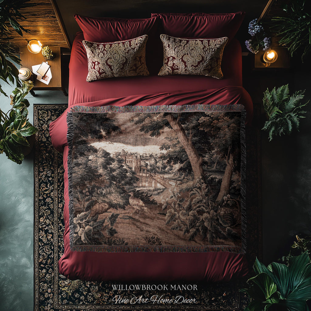 Burnt Umber Castle Landscape Tapestry Art Hanging, Golden Elegance Tranquil Room Accent Rococo English Cottage Woven Jacquard Luxury Textile