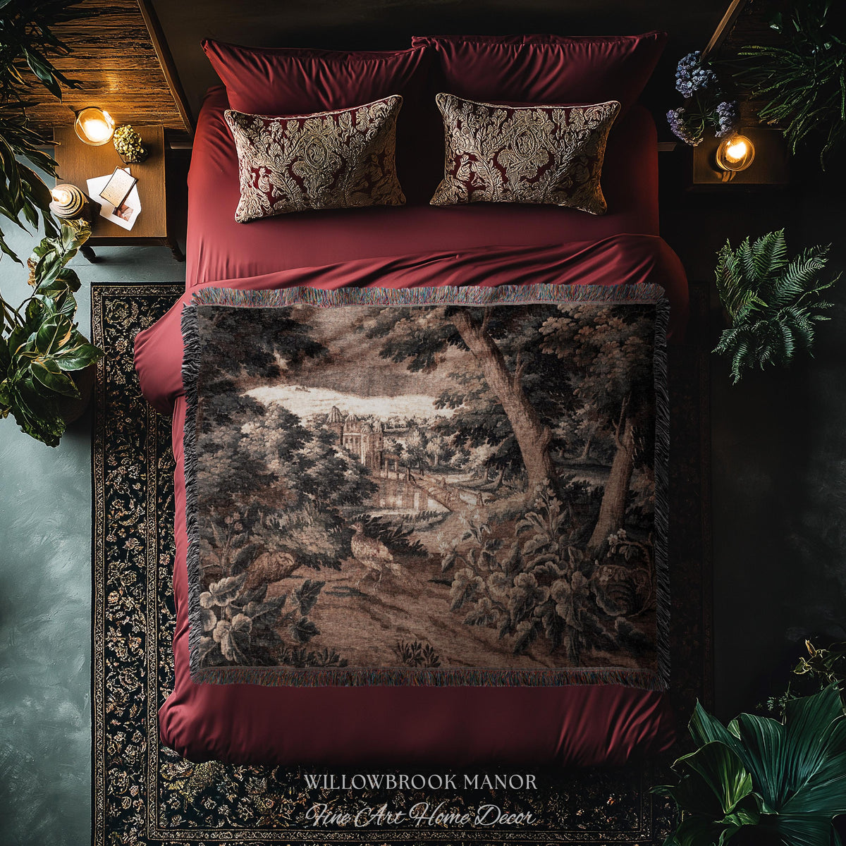 Burnt Umber Castle Landscape Tapestry Art Hanging, Golden Elegance Tranquil Room Accent Rococo English Cottage Woven Jacquard Luxury Textile