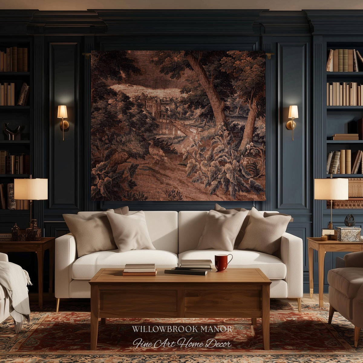 Burnt Umber Castle Landscape Tapestry Art Hanging, Golden Elegance Tranquil Room Accent Rococo English Cottage Woven Jacquard Luxury Textile