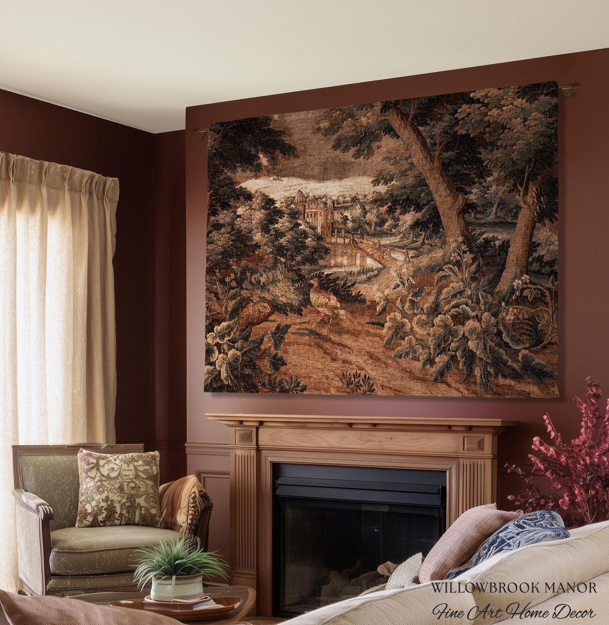 Burnt Umber Castle Landscape Tapestry Art Hanging, Golden Elegance Tranquil Room Accent Rococo English Cottage Woven Jacquard Luxury Textile