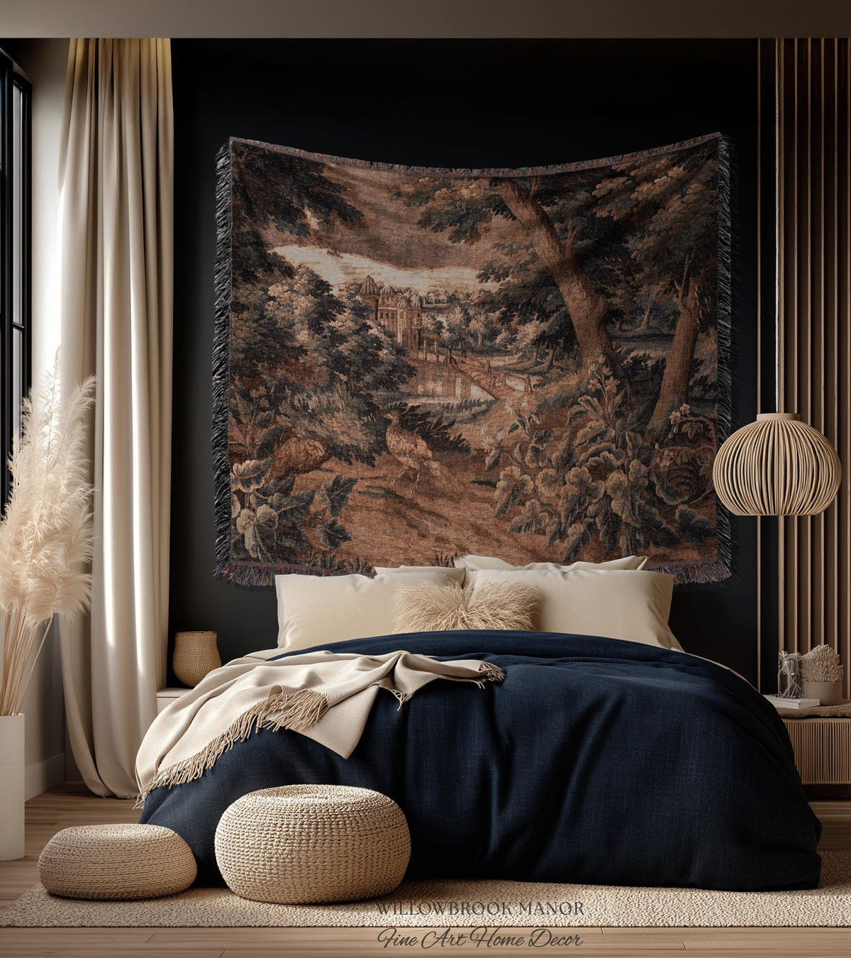 Burnt Umber Castle Landscape Tapestry Art Hanging, Golden Elegance Tranquil Room Accent Rococo English Cottage Woven Jacquard Luxury Textile