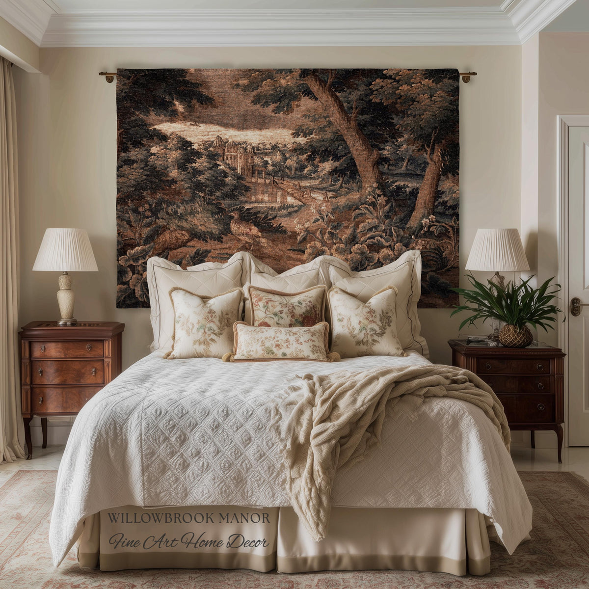 Burnt Umber Castle Landscape Tapestry Art Hanging, Golden Elegance Tranquil Room Accent Rococo English Cottage Woven Jacquard Luxury Textile