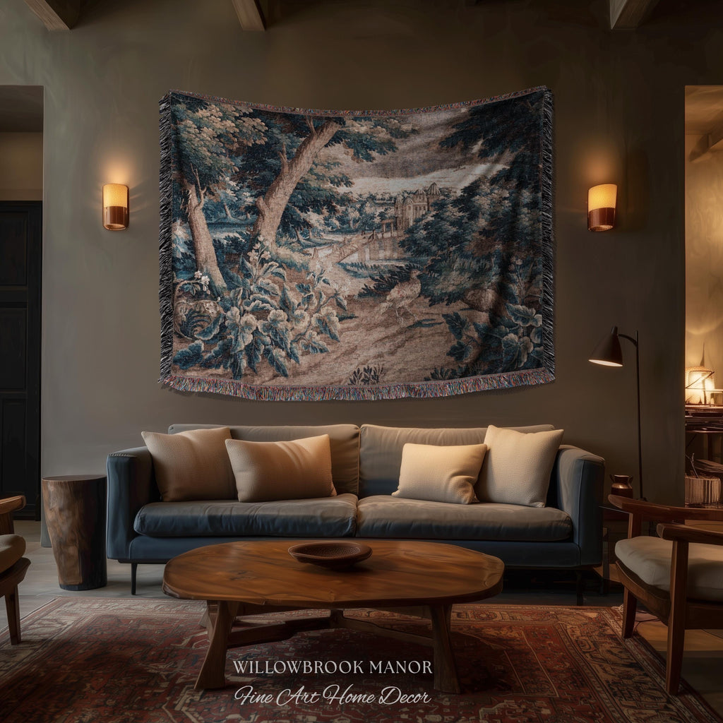 Indigo Botanical Flemish Art Verdure Antique Tapestry, Woodland Birds Traditional Historic Countryside Woven Textile Classical Belgian Decor