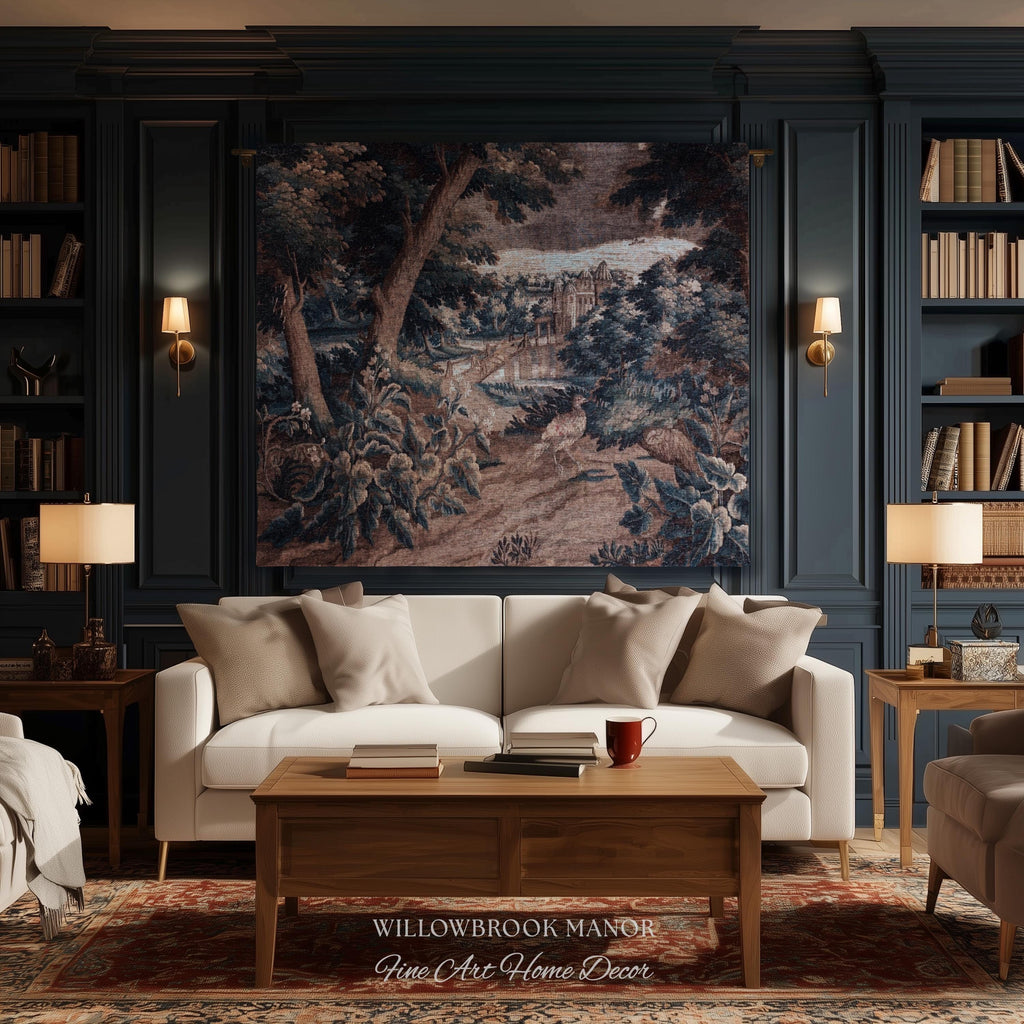 Indigo Botanical Flemish Art Verdure Antique Tapestry, Woodland Birds Traditional Historic Countryside Woven Textile Classical Belgian Decor