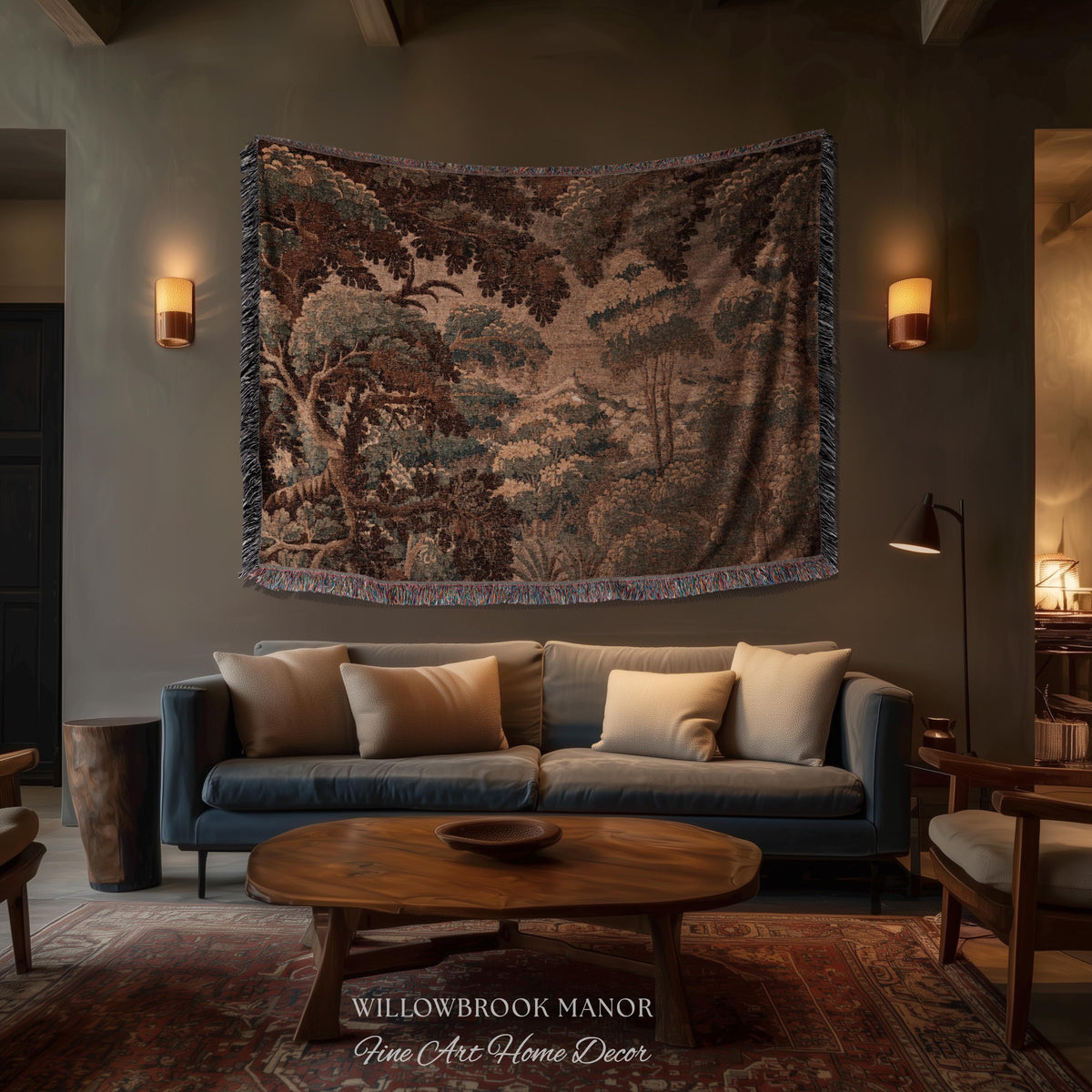 Dark Canopy Rustic Landscape Woven Wall Hanging | Old World Soft Colors French Verdure Throw Blanket 18th Century Countryside Cottage Throw