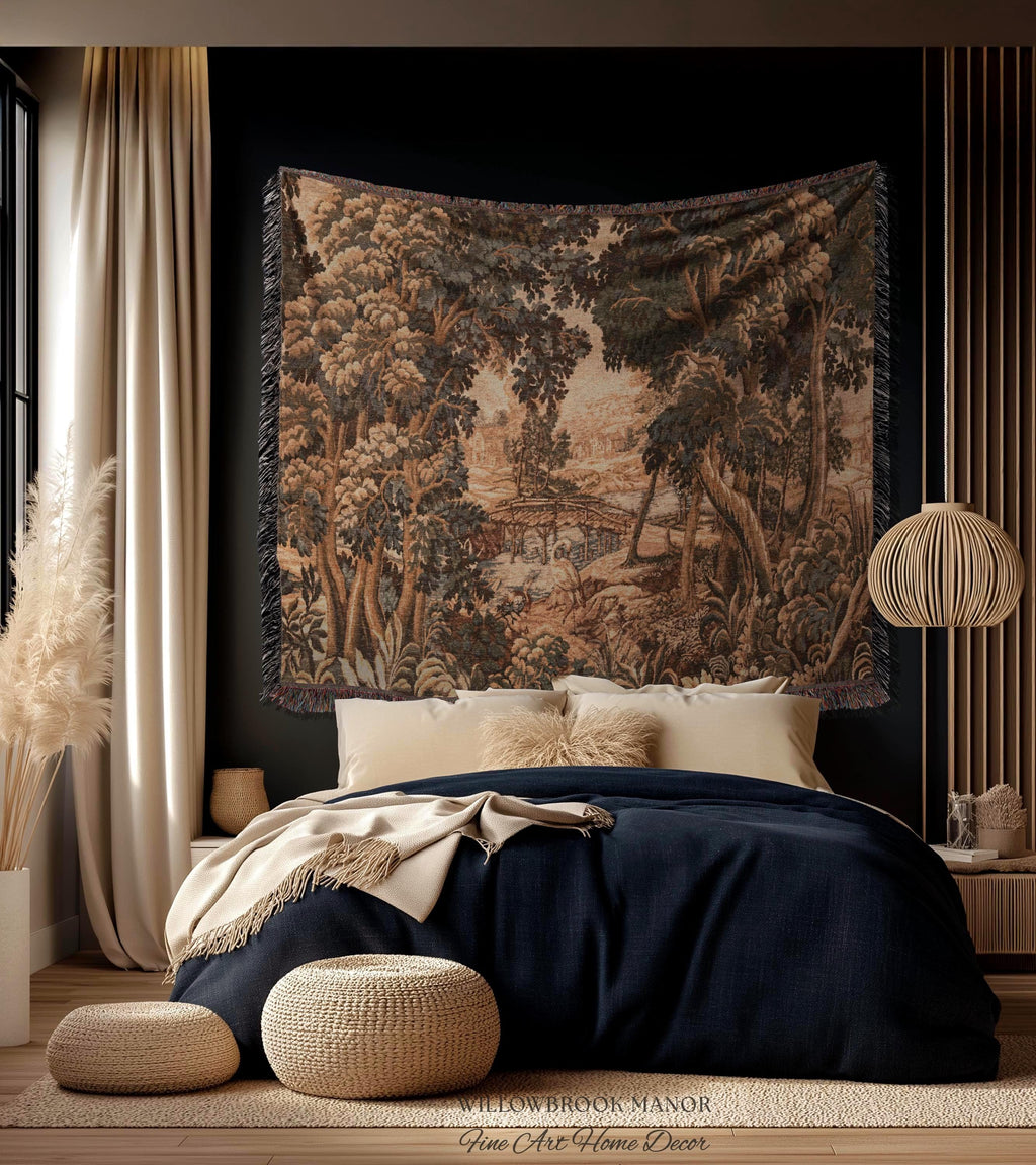 Jacquard French Pastoral Scenic Wall Tapestry Woven Rustic River Art | Classical Home Decor Vintage Verdure Heron Bird Nature Wall Hanging