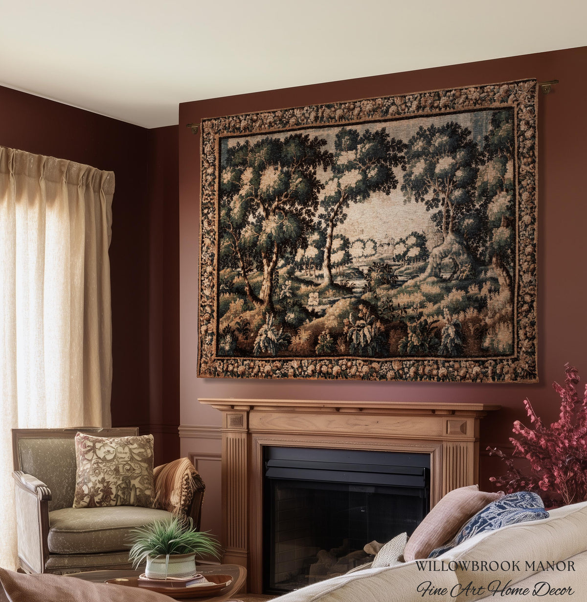 Forest Flora Scenic Tapestry Countryside Wall Art Pastoral Chateau Decor | European Inspired Rustic Nature Woven Blanket Traditional Decor