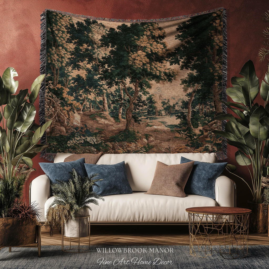 Woodland Forest Woven Blanket Wall Tapestry Decor | Antique French Textile Jacquard Tree Scene Art Traditional Greenery Pond Landscape Throw