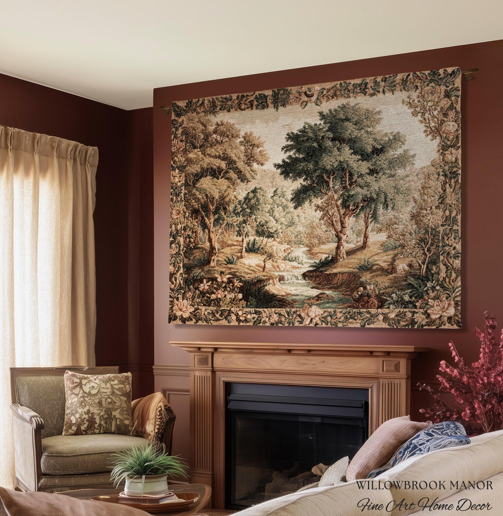 Aubusson Style Verdure Tapestry Tranquil River Scenic Wall Decor Art | European Pastoral Landscape Heirloom Blanket Woven Throw Nature Scene