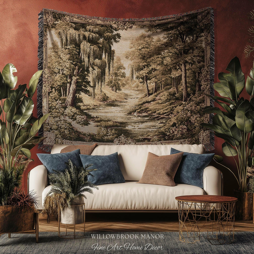 Rustic Elegance Willow Tree Landscape River Scene Tapestry Peaceful Blanket Throw | Antique European Art Woven Verdure Pastoral Wall Decor