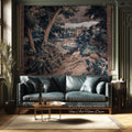 Indigo Botanical Flemish Art Verdure Antique Tapestry, Woodland Birds Traditional Historic Countryside Woven Textile Classical Belgian Decor
