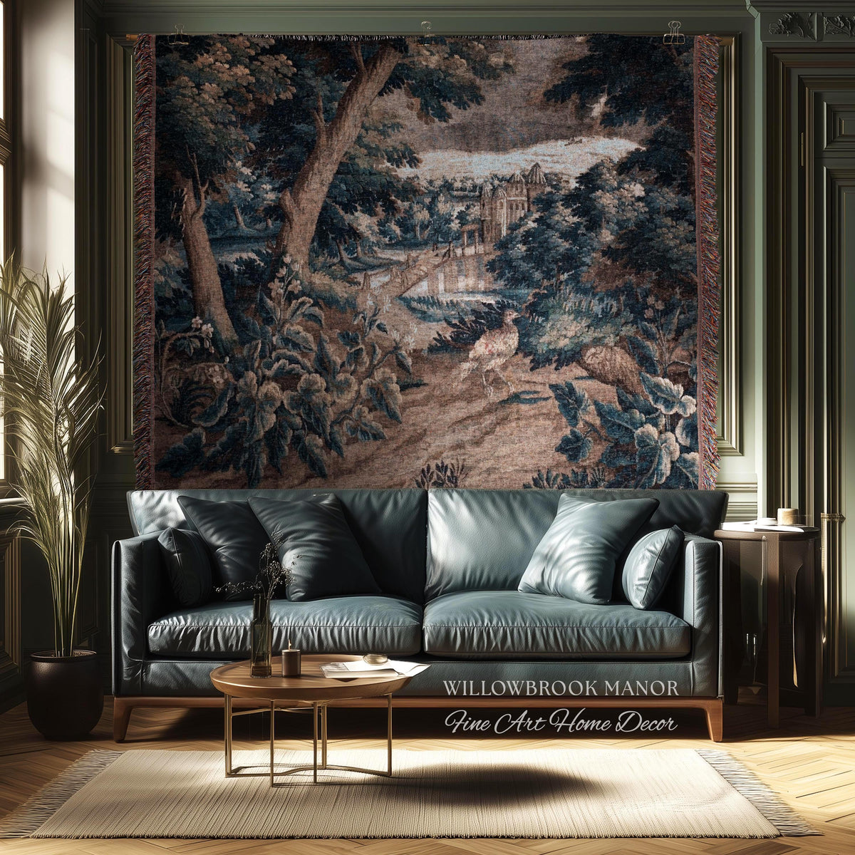 Indigo Botanical Flemish Art Verdure Antique Tapestry, Woodland Birds Traditional Historic Countryside Woven Textile Classical Belgian Decor
