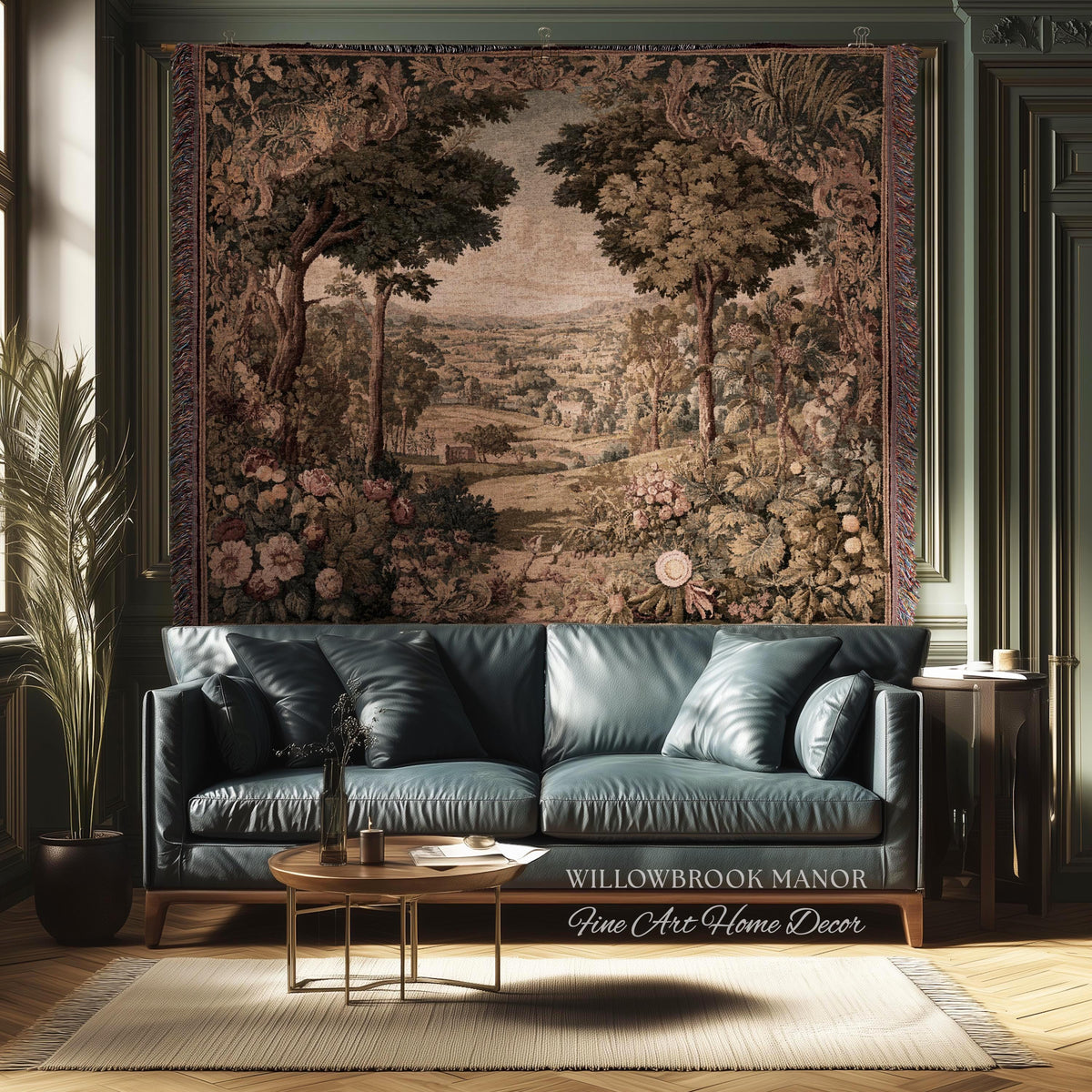 Traditional Romantic French Countryside Woven Tapestry Throw | European Art Timeless Heirloom Style Floral Meadow Landscape Classical Decor