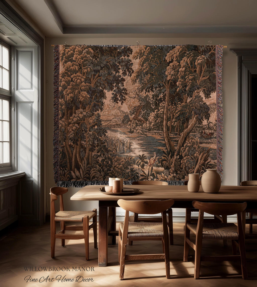 Earthy European Waterway Woven Tapestry | Forest Clearing French Landscape Verdure Wildlife Rustic European Jacquard Throw Blanket Heritage