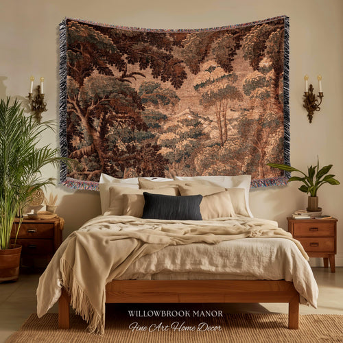 Dark Canopy Rustic Landscape Woven Wall Hanging | Old World Soft Colors French Verdure Throw Blanket 18th Century Countryside Cottage Throw