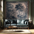 Blue Gray Toile Style Landscape Tapestry, Traditional French Pastoral European Storybook Verdure Tree Grandmillenial Woven Jacquard Wall Art