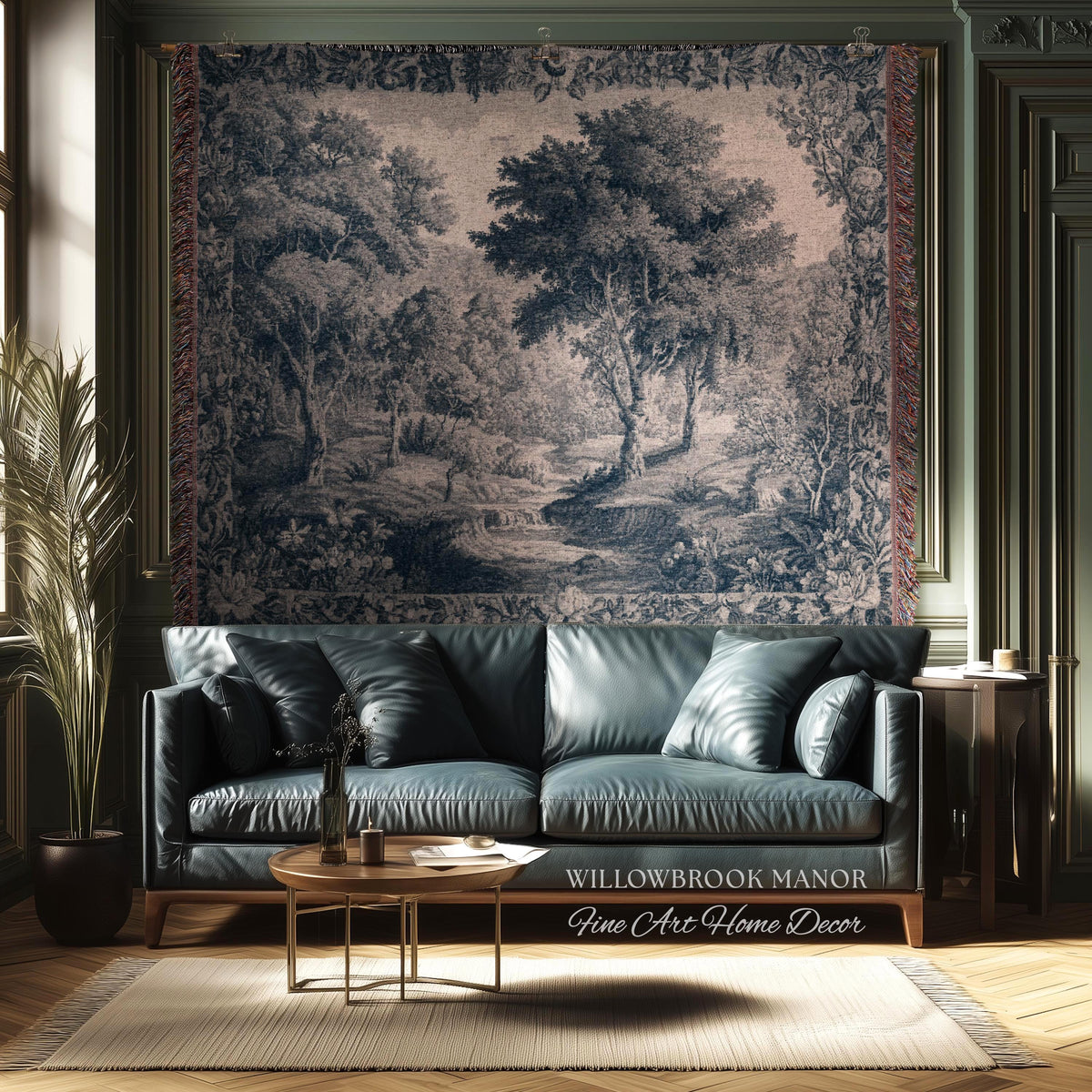 Blue Gray Toile Style Landscape Tapestry, Traditional French Pastoral European Storybook Verdure Tree Grandmillenial Woven Jacquard Wall Art