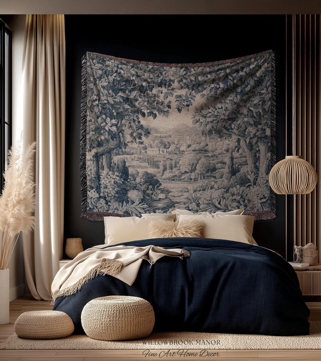Verdure Scenery Indigo Wall Hanging | Woven Heirloom Heritage Landscape French Toile Style Jacquard Tree Tapestry Grandmillenial Old World