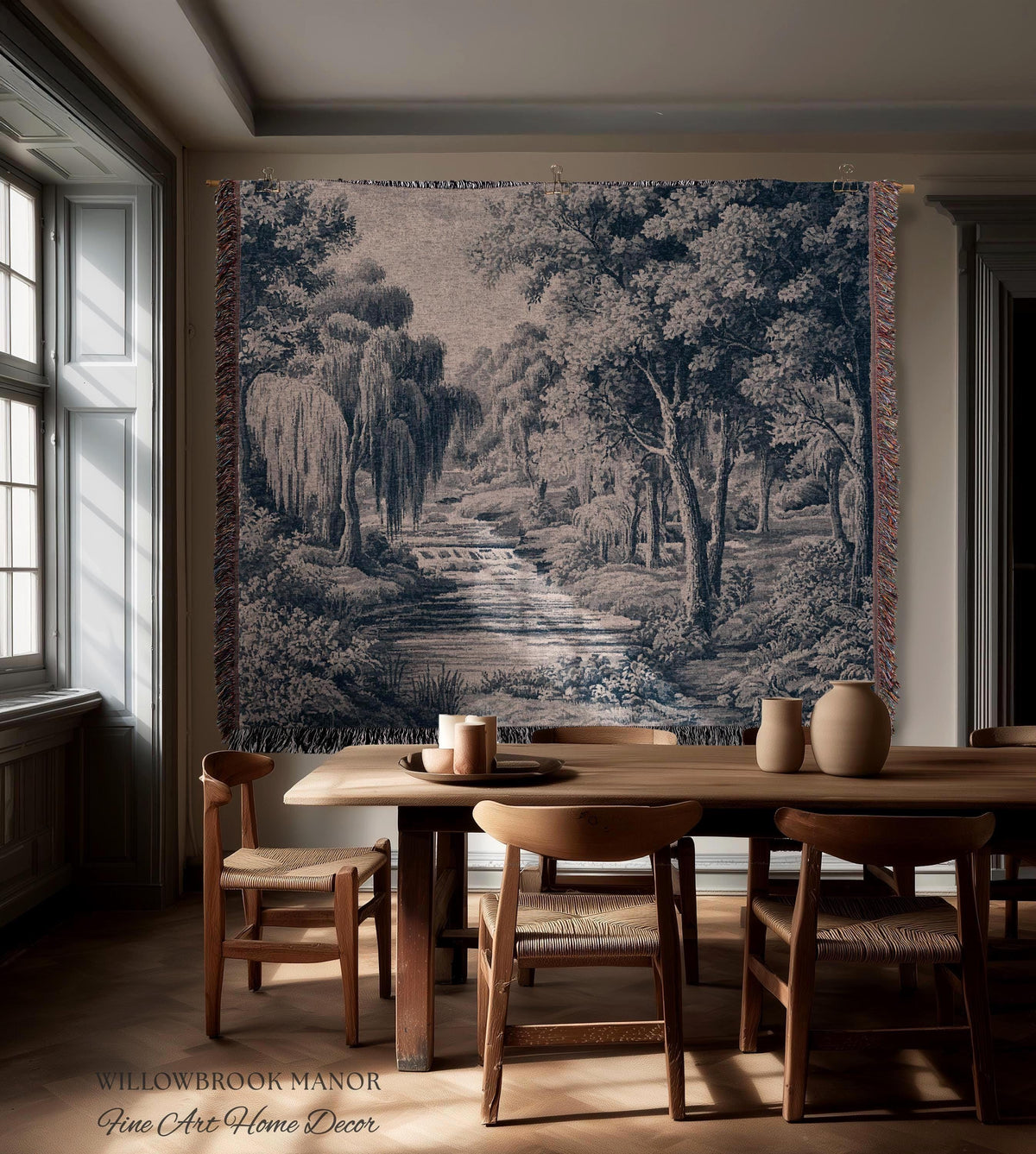 Refined European Willow Landscape Art | Traditional Verdure French Toile Style Jacquard Woven Blanket Heritage Wall Hanging Indigo Tapestry