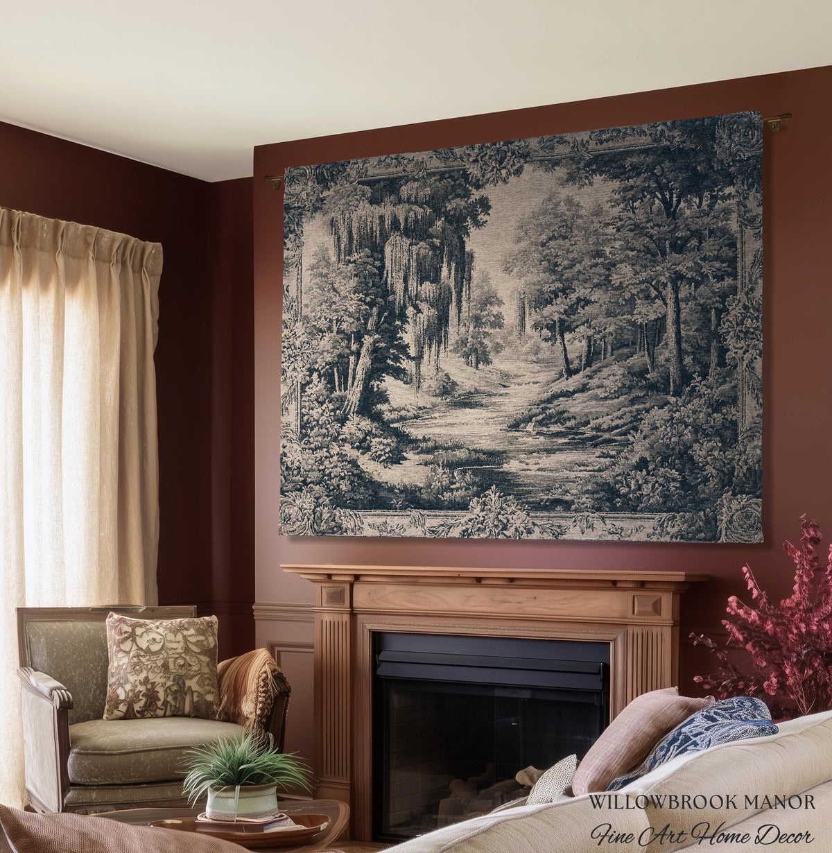 Museum Style Willow Woodland Woven Tapestry | Serene Pastoral Blue Landscape Rustic Elegance Jacquard Blanket Traditional Romantic Wall Art