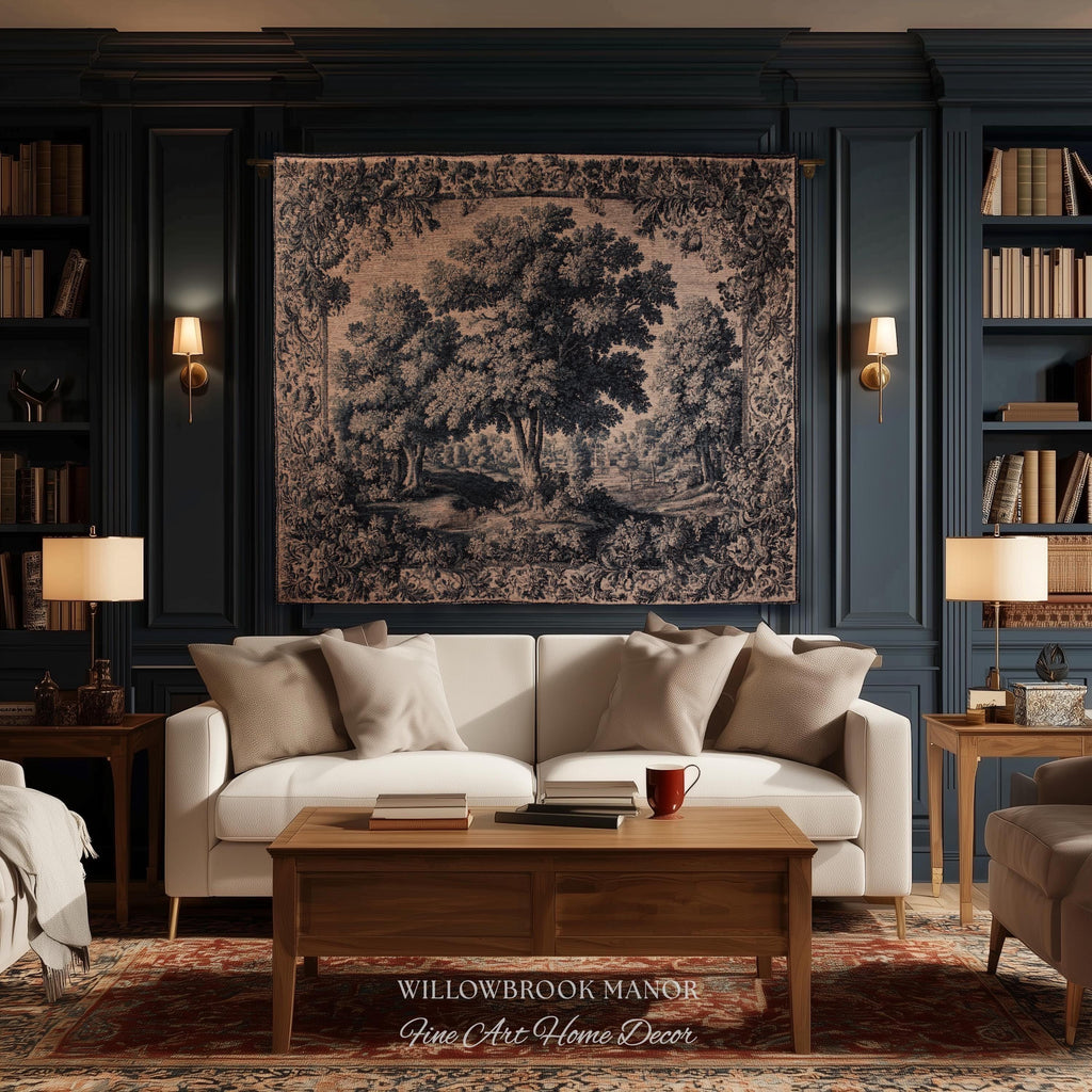 Muted Blue Verdure Woodland Forest Woven Wall Hanging | 17th Century French Country Decor Elegant Nature Art Tree Tapestry Old World Style