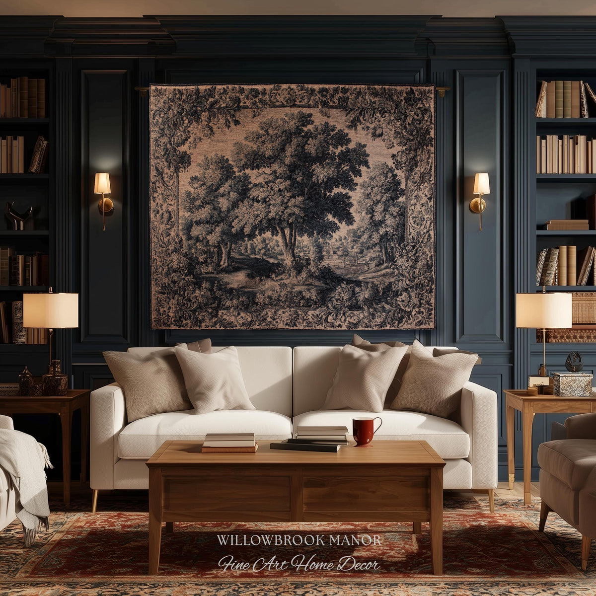Muted Blue Verdure Woodland Forest Woven Wall Hanging | 17th Century French Country Decor Elegant Nature Art Tree Tapestry Old World Style