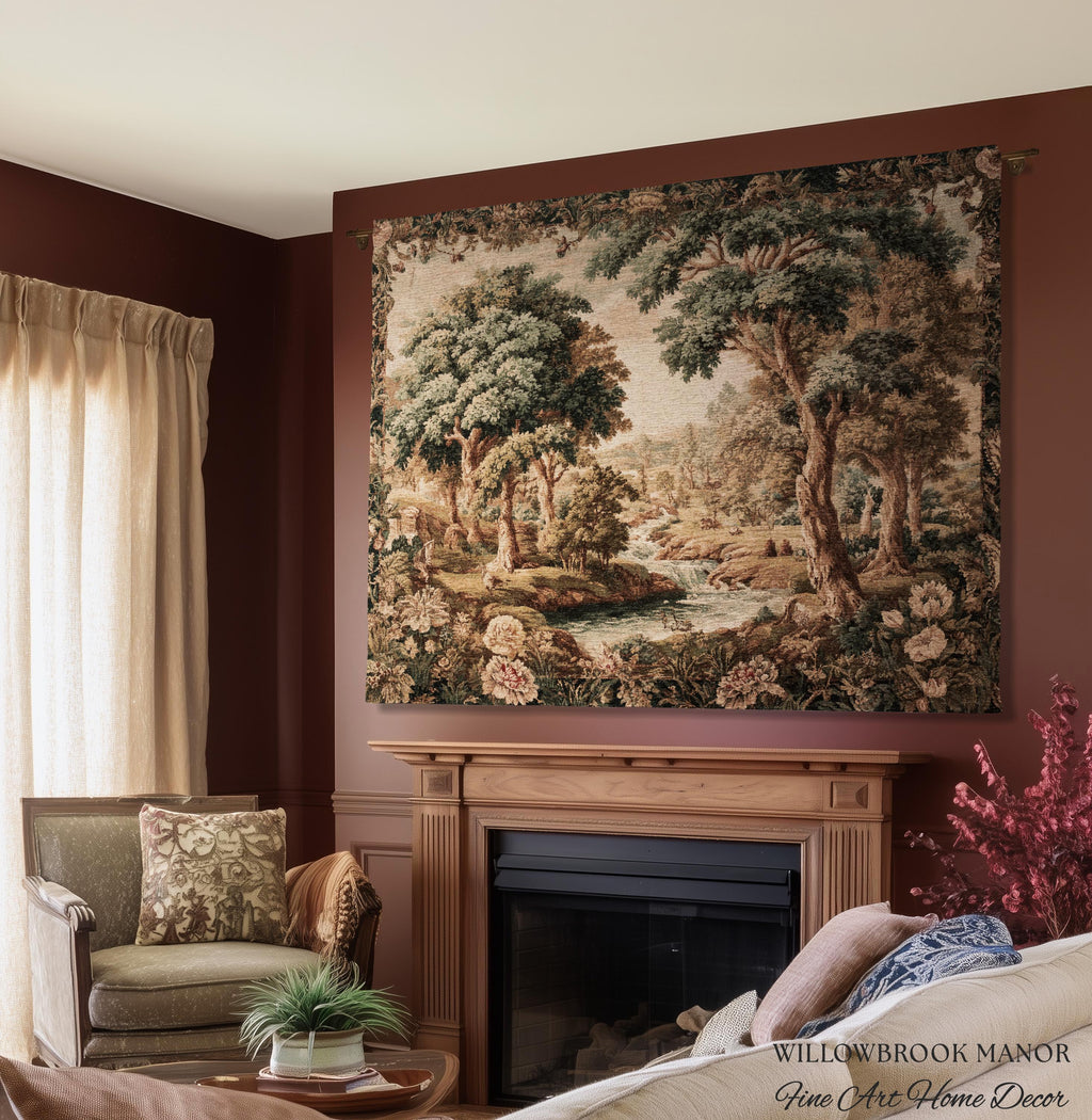 Pastoral Tapestry Scenic Countryside Verdure Aubusson Woven Textile Art | Woodland Whimsy Forest River Wall Art Romantic Landscape Decor