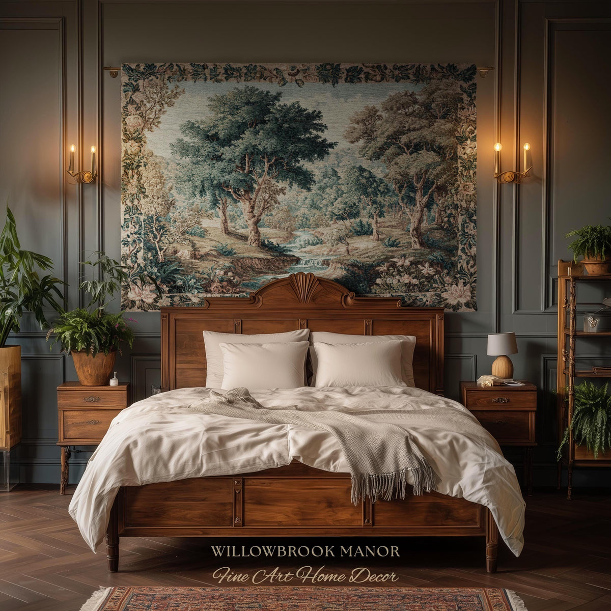 Romantic English Cottage Wall Decor Landscape Verdure Tapestry | British Countryside Floral Forest River Art Nostalgic Woven Cotton Throw