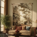 Old World Style Misty Woodland Decor Woven Tapestry Throw, English Countryside Home Textiles Peaceful Nature Neutral Forest Art Wall Hanging