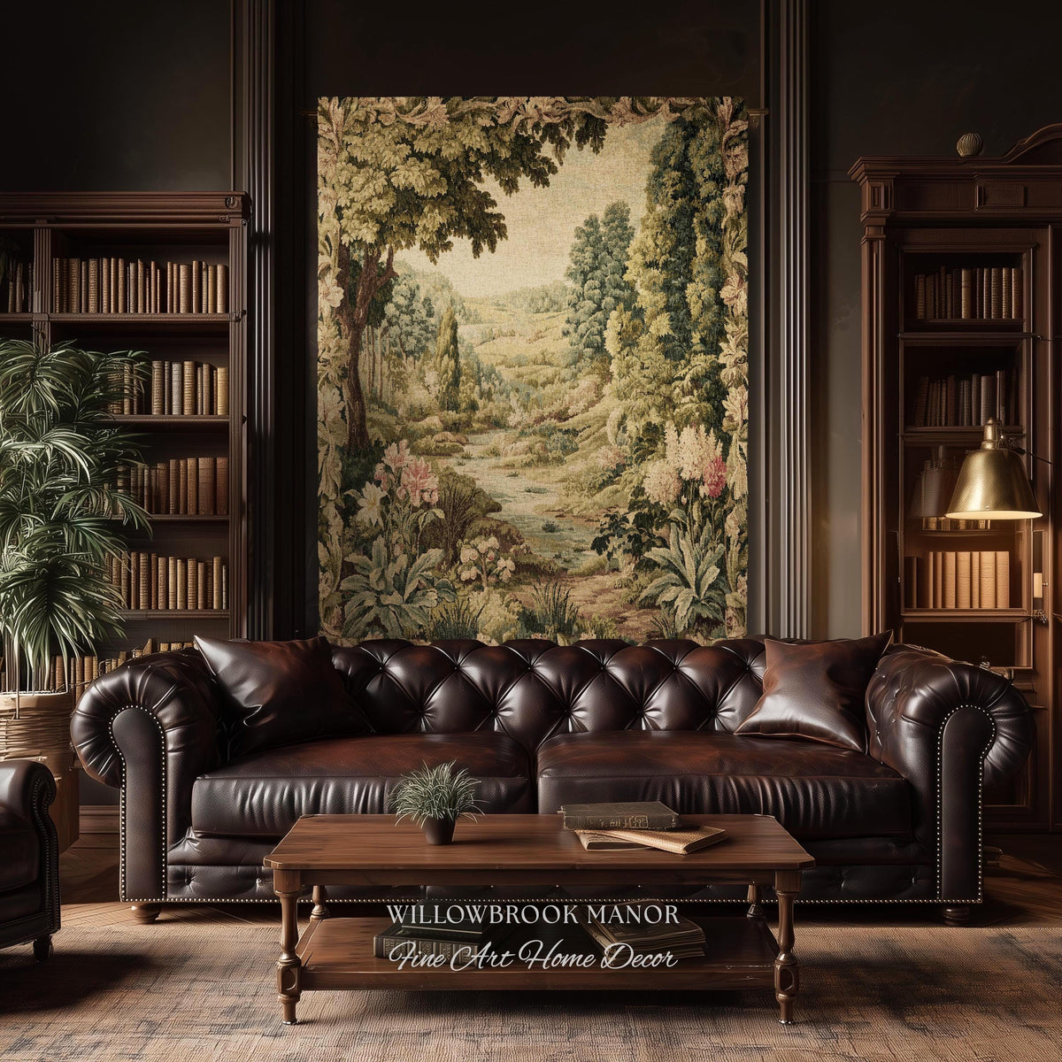 Floral Landscape French Verdure Aubusson Tapestry | Old World European Country Manor Art Mountain Meadow Riverbank Scene Woven Wall Decor
