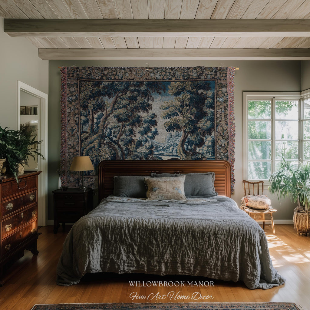 Historical Woodland Waterway Verdure Tapestry Heritage Weaving Scenic Village Vista | Old World Hilltop Castle Landscape Woven Wall Hanging