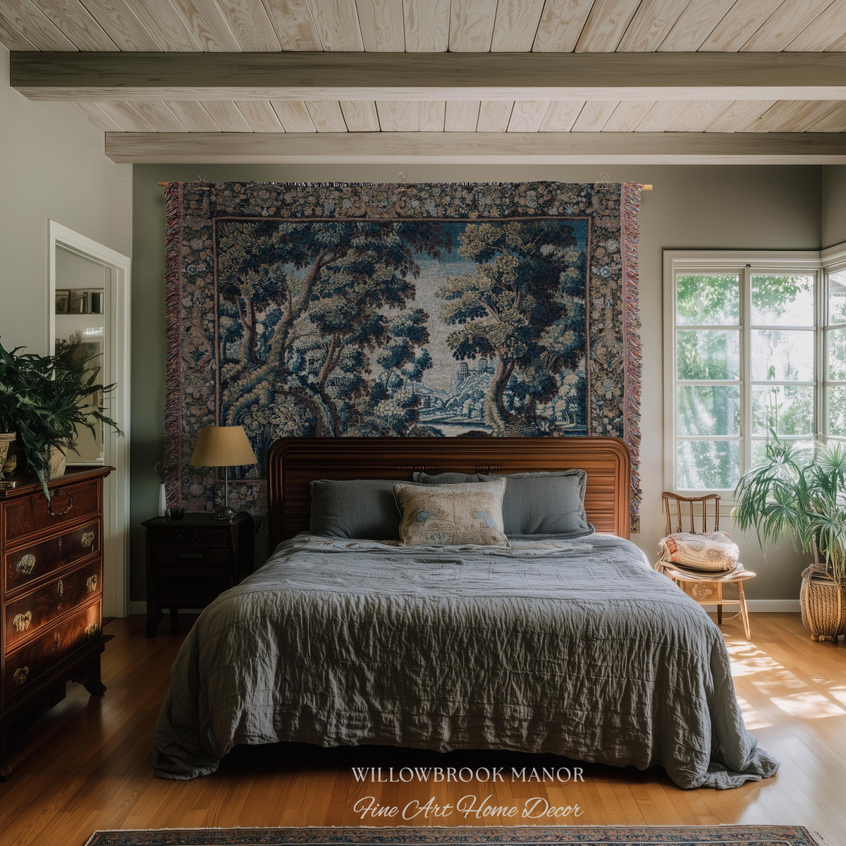 Historical Woodland Waterway Verdure Tapestry Heritage Weaving Scenic Village Vista | Old World Hilltop Castle Landscape Woven Wall Hanging