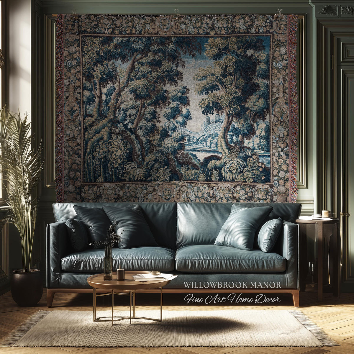 Historical Woodland Waterway Verdure Tapestry Heritage Weaving Scenic Village Vista | Old World Hilltop Castle Landscape Woven Wall Hanging