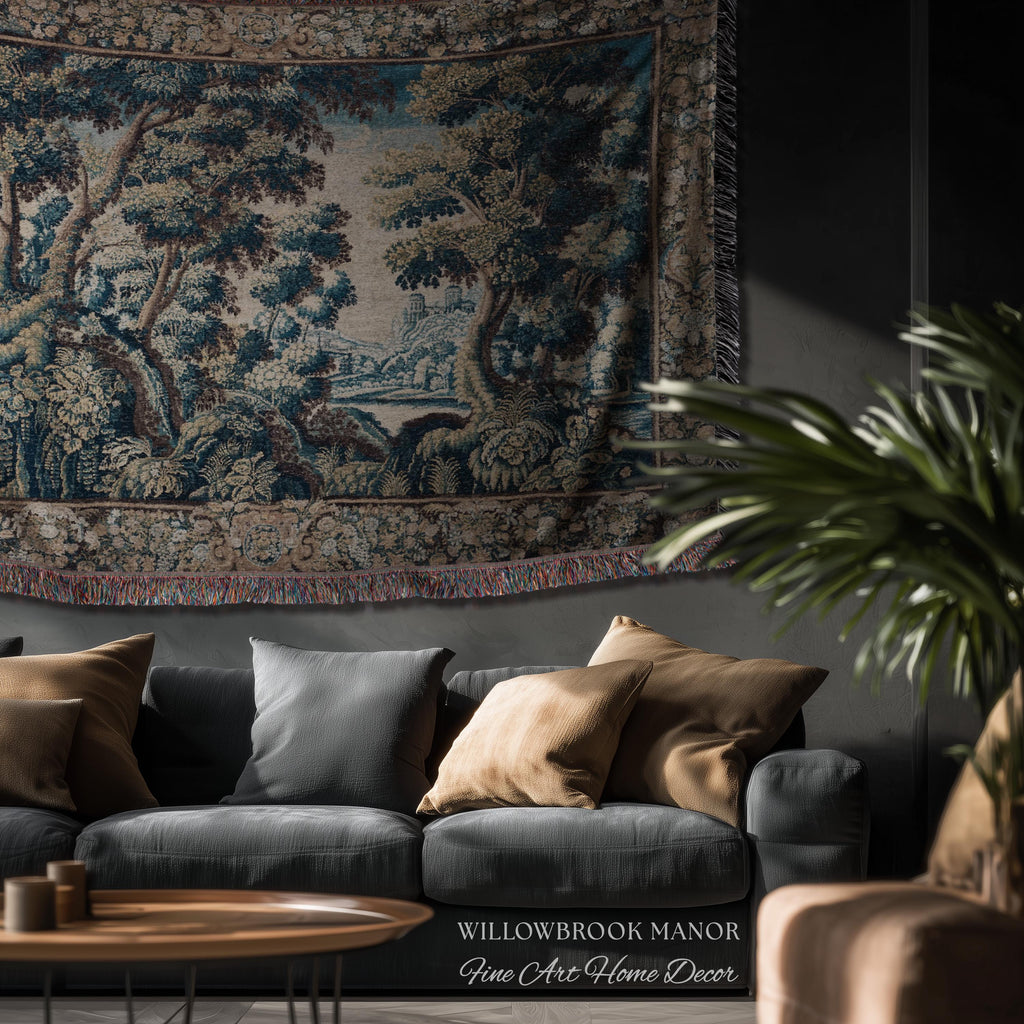 Historical Woodland Waterway Verdure Tapestry Heritage Weaving Scenic Village Vista | Old World Hilltop Castle Landscape Woven Wall Hanging