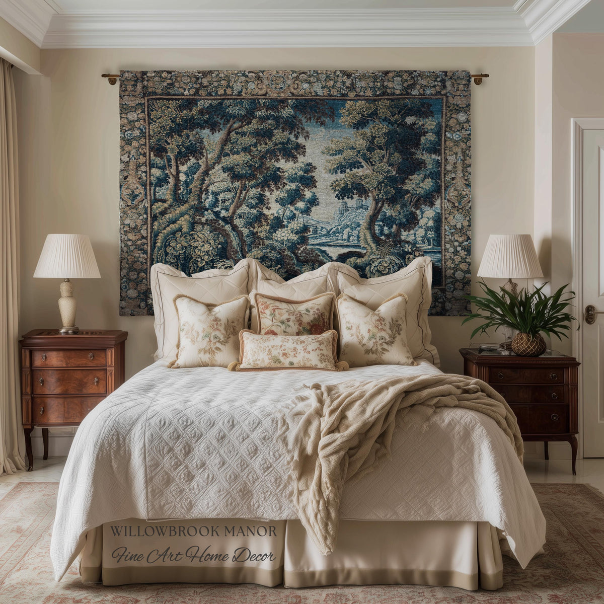 Historical Woodland Waterway Verdure Tapestry Heritage Weaving Scenic Village Vista | Old World Hilltop Castle Landscape Woven Wall Hanging