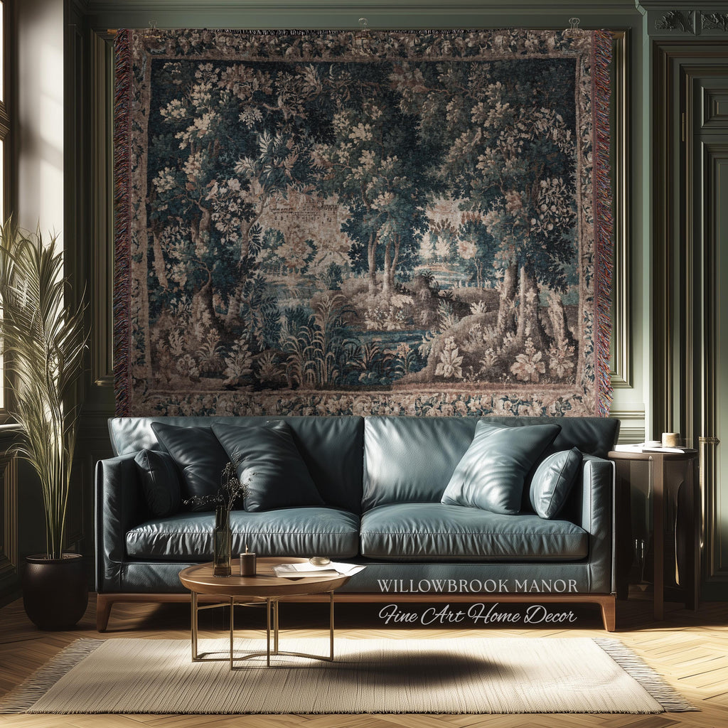 Misty Forest Clearing Elegant Wall Hanging | Pond Landscape Tapestry Dark Country Verdure Jacquard Woven Tree Cozy Castlecore Woodland Decor