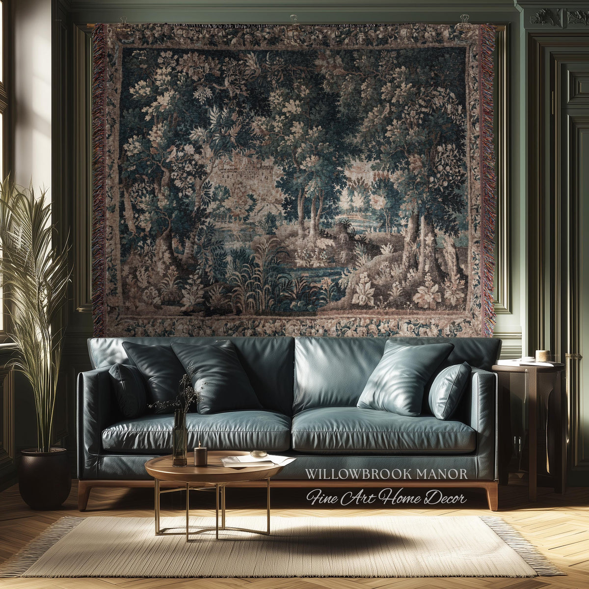 Misty Forest Clearing Elegant Wall Hanging | Pond Landscape Tapestry Dark Country Verdure Jacquard Woven Tree Cozy Castlecore Woodland Decor