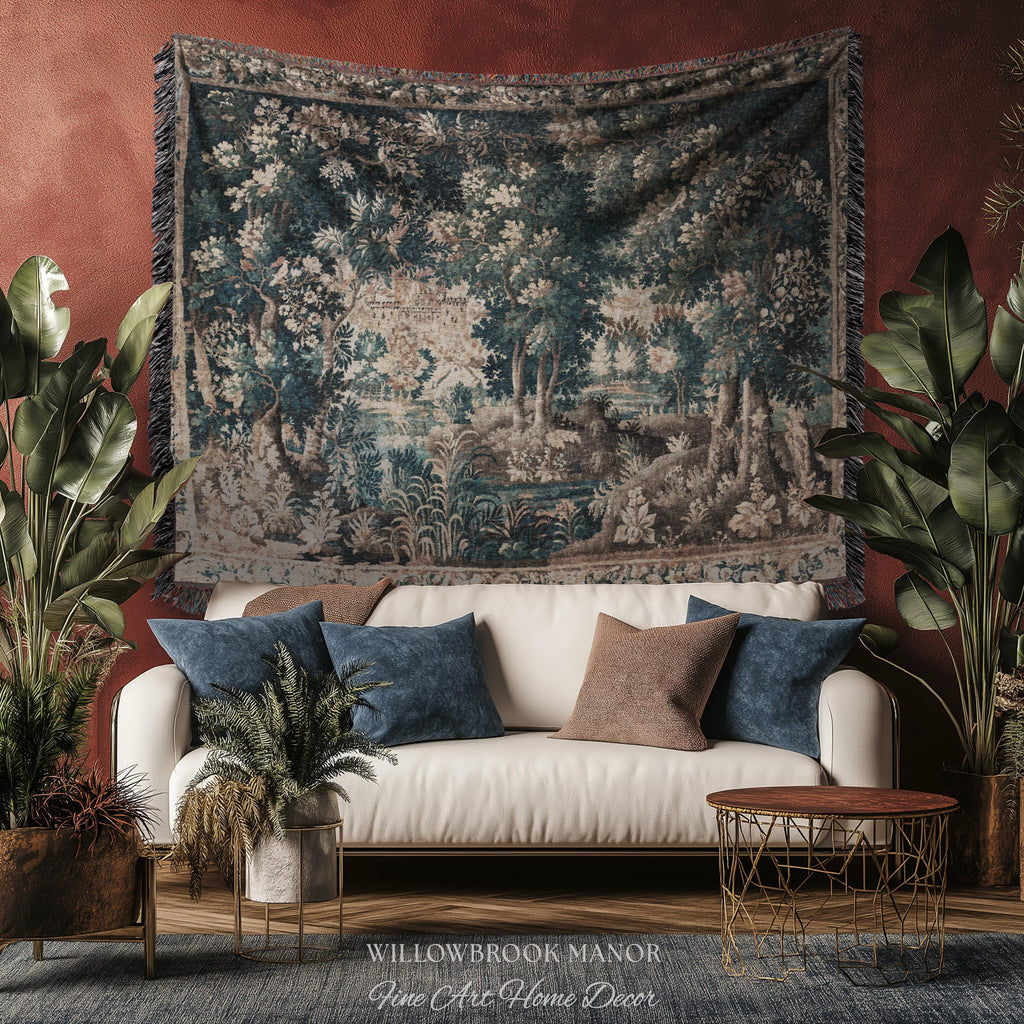 Misty Forest Clearing Elegant Wall Hanging | Pond Landscape Tapestry Dark Country Verdure Jacquard Woven Tree Cozy Castlecore Woodland Decor