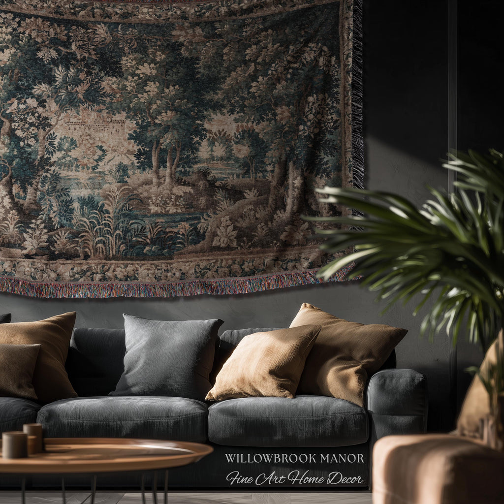 Misty Forest Clearing Elegant Wall Hanging | Pond Landscape Tapestry Dark Country Verdure Jacquard Woven Tree Cozy Castlecore Woodland Decor