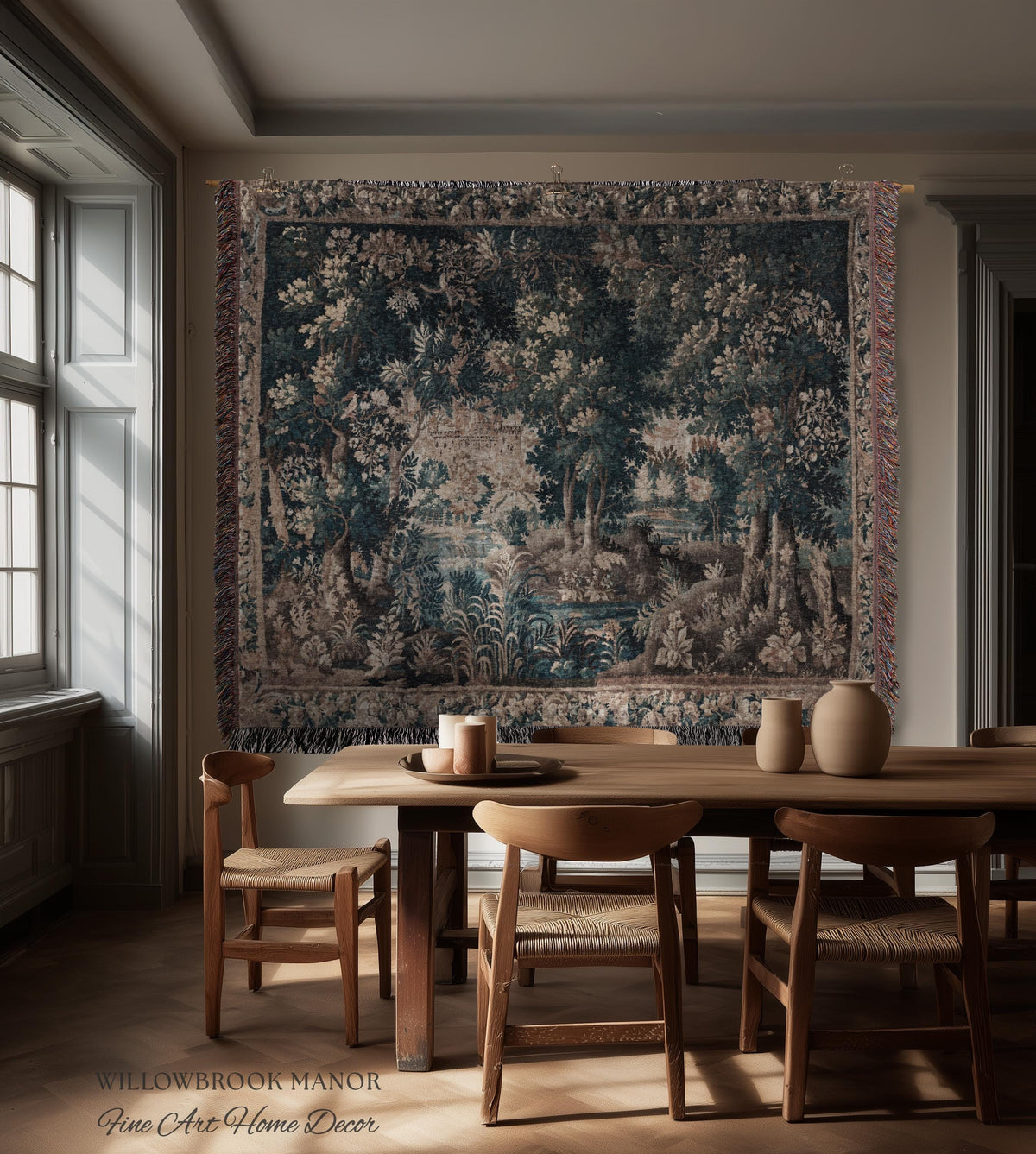 Misty Forest Clearing Elegant Wall Hanging | Pond Landscape Tapestry Dark Country Verdure Jacquard Woven Tree Cozy Castlecore Woodland Decor