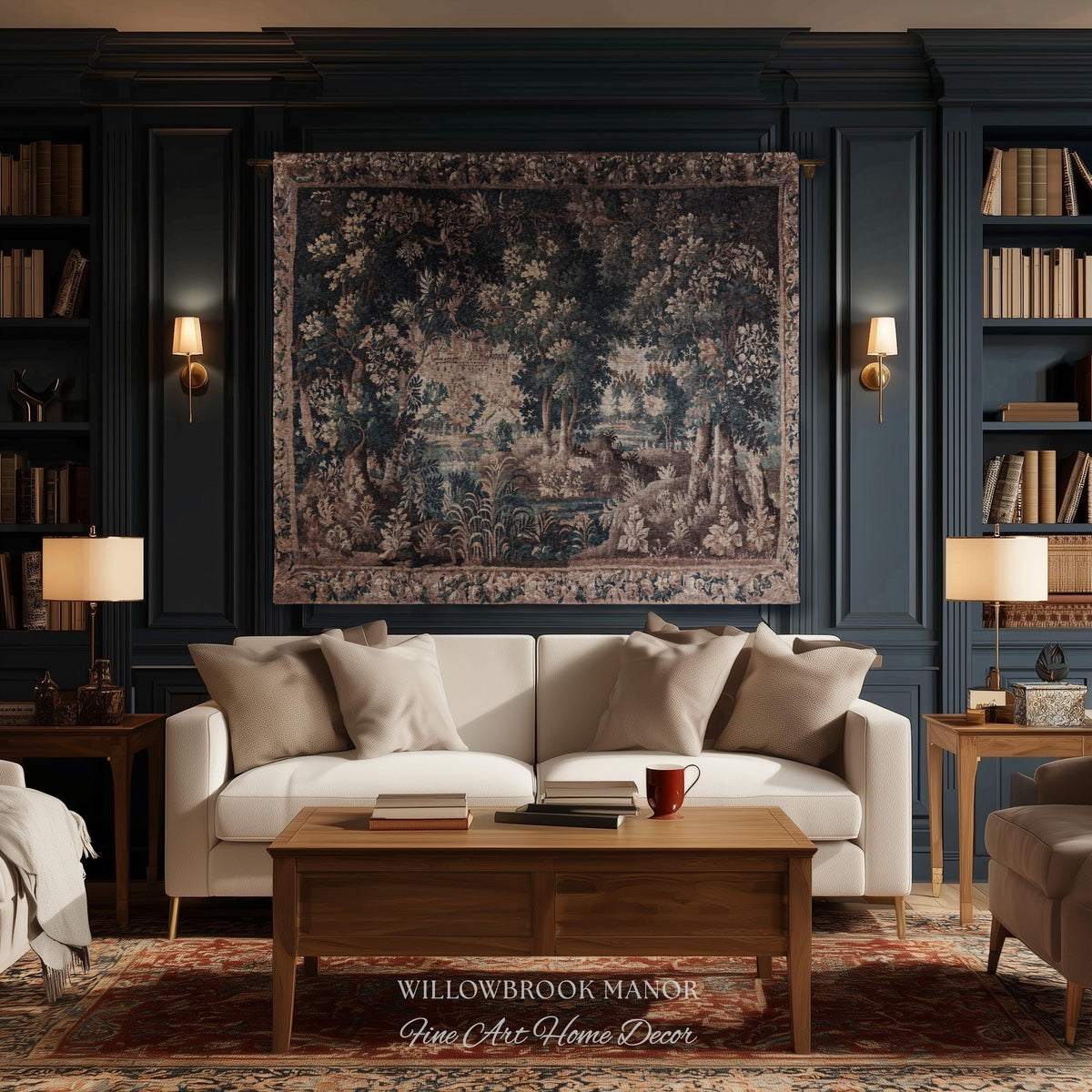 Misty Forest Clearing Elegant Wall Hanging | Pond Landscape Tapestry Dark Country Verdure Jacquard Woven Tree Cozy Castlecore Woodland Decor