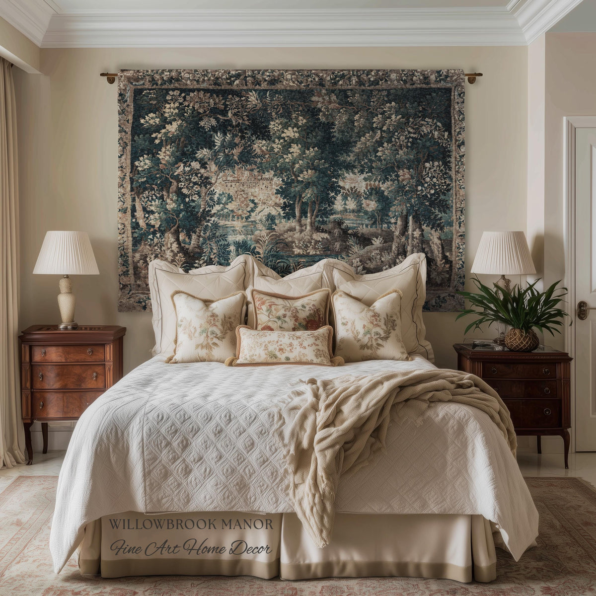Misty Forest Clearing Elegant Wall Hanging | Pond Landscape Tapestry Dark Country Verdure Jacquard Woven Tree Cozy Castlecore Woodland Decor