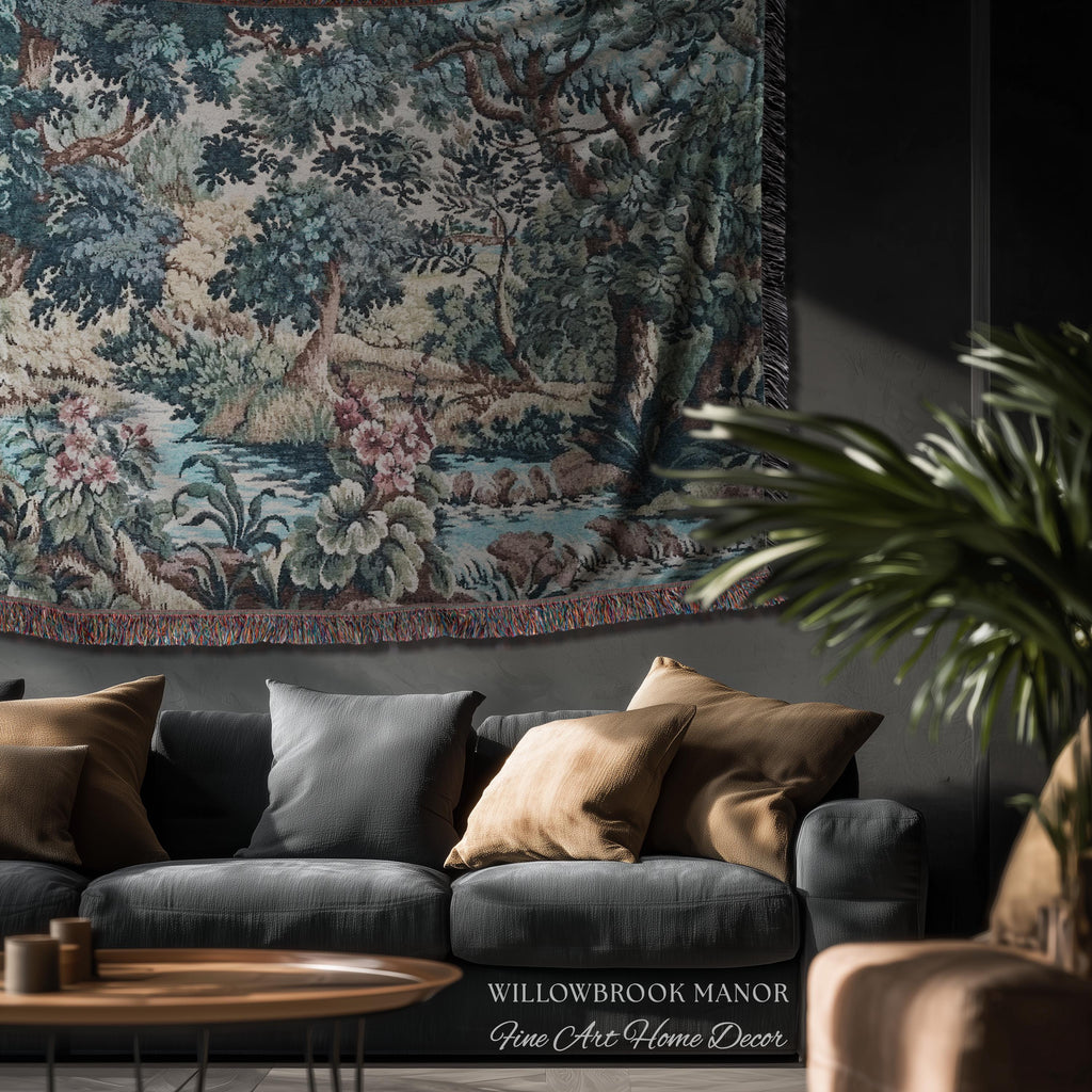 Teal Blue Babbling Brook Floral Verdure Tapestry | Historic Textile 18th Century Woven Artwork Baroque Forest River Throw Blanket Old World