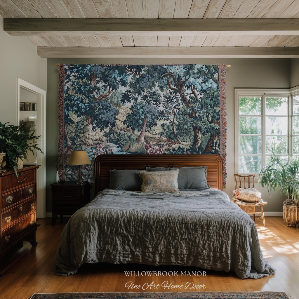 Teal Blue Babbling Brook Floral Verdure Tapestry | Historic Textile 18th Century Woven Artwork Baroque Forest River Throw Blanket Old World