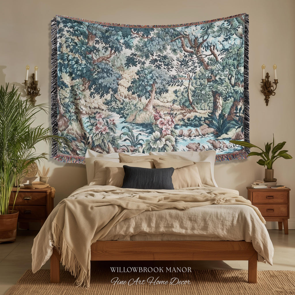 Teal Blue Babbling Brook Floral Verdure Tapestry | Historic Textile 18th Century Woven Artwork Baroque Forest River Throw Blanket Old World