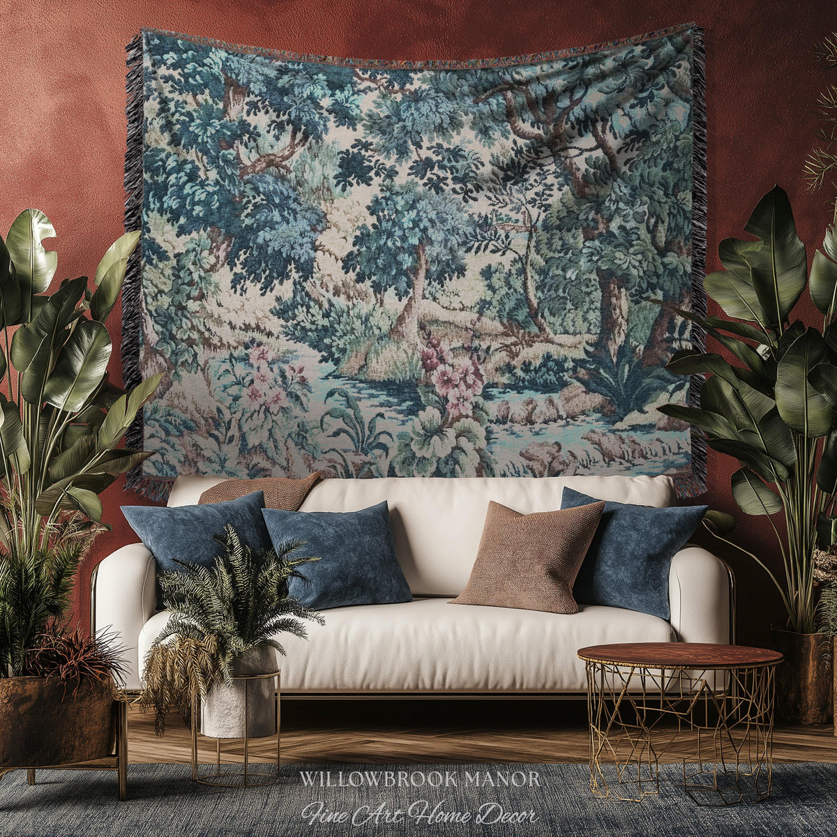 Teal Blue Babbling Brook Floral Verdure Tapestry | Historic Textile 18th Century Woven Artwork Baroque Forest River Throw Blanket Old World